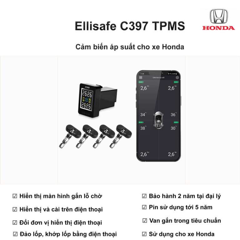 Cảm Biến Áp Suất Lốp C397 Cho Lỗ Chờ Xe Honda + Điện Thoại
