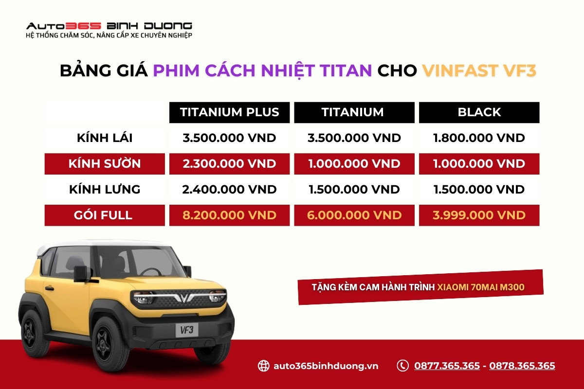 Bảng Giá Dán Phim Cách Nhiệt Vinfast Vf3 Mới Nhất - Auto365 Bình Dương Bảng báo giá phim cách nhiệt Titan Vinfast VF3 Thuận An - Thủ Dầu Một