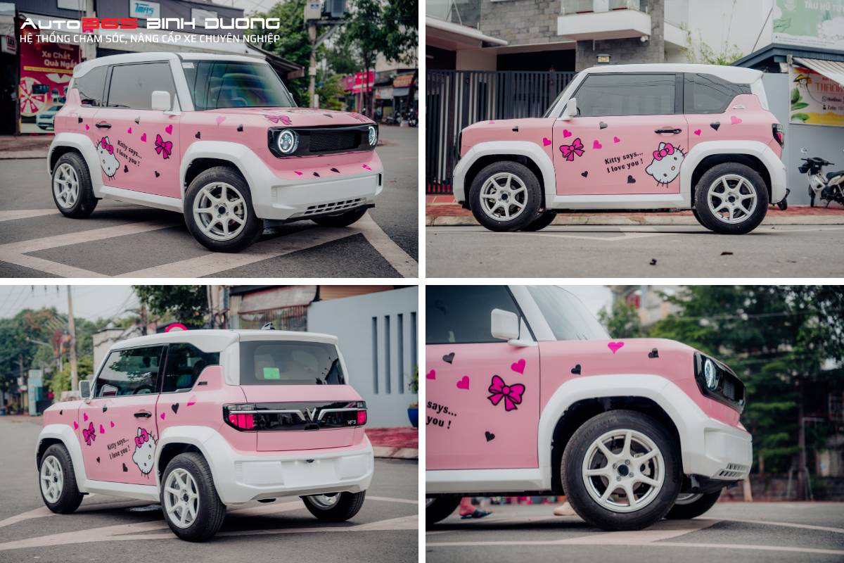 Tem dán VF3 Hello Kitty thiết kế theo sở thích đáng yêu của 2 công chúa nhà anh chị khách 