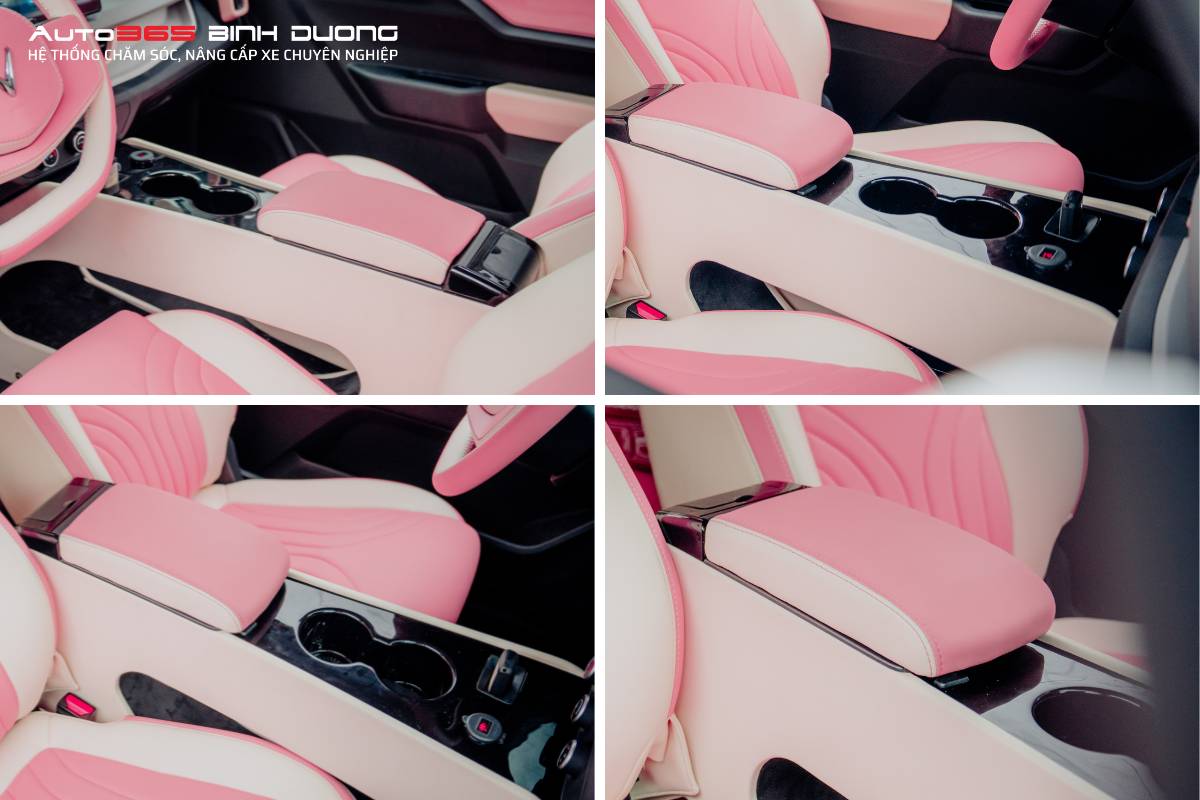Bệ tỳ tay VF3 với tone hồng trắng "hợp gu" với nội thất xe