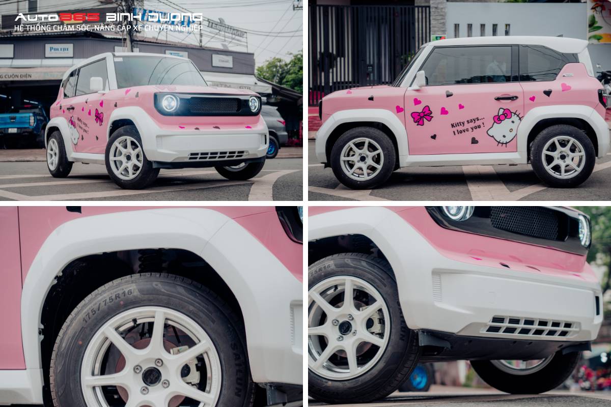 Độ VF3 Hello Kitty hài hòa và ấn tượng hơn sau khi sơn trắng phần cua lốp
