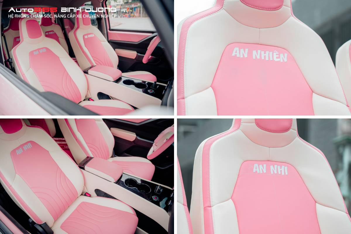 Bọc ghế da VF3 tone hồng đồng nhất với thiết kế bản độ VF3 Hello Kitty