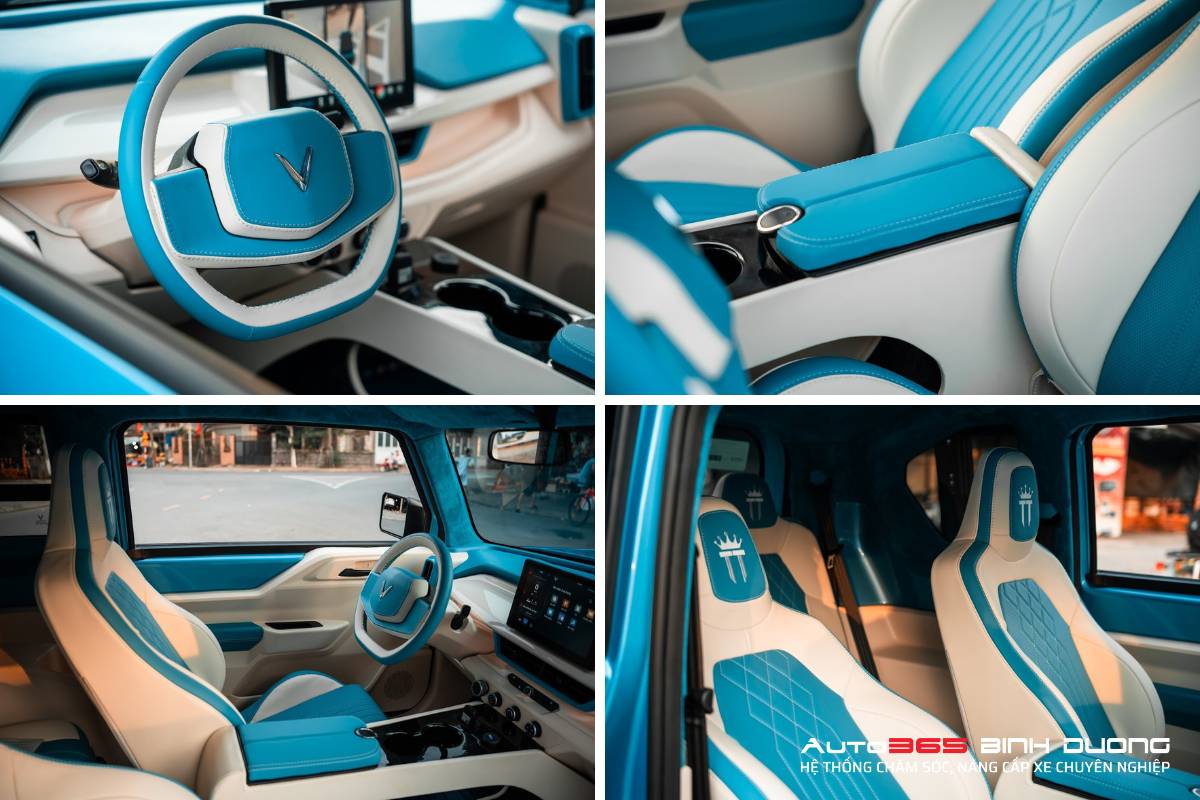 Tổng Hợp 99+ Mẫu Thiết Kế Bọc Da Nội Thất Vf3 Đẹp Hot 2025 - Auto365 Bình Dương Bọc da nội thất VF3 màu xanh biển kết hợp trắng ngà thanh lịch, nhã nhặn