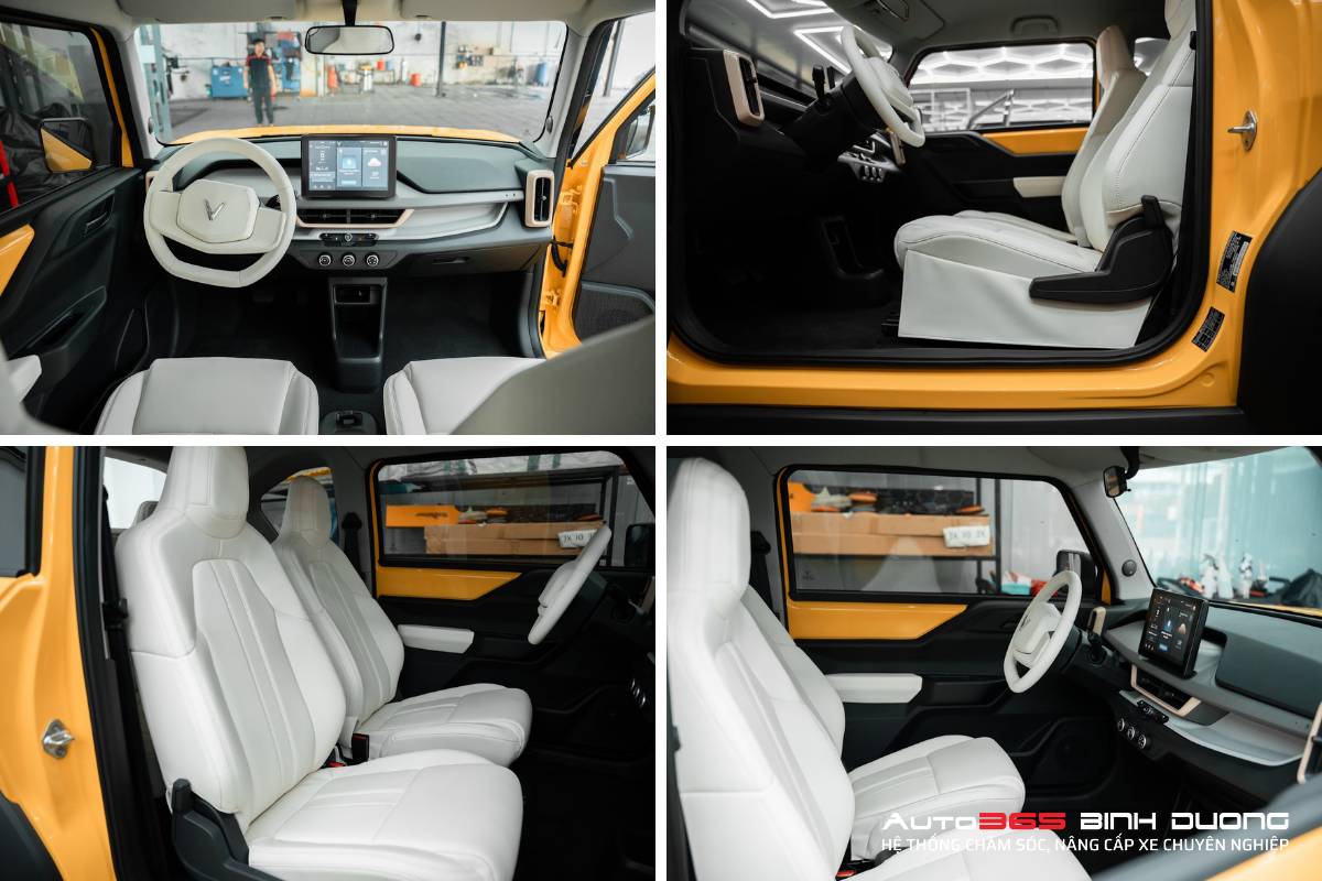 Tổng Hợp 99+ Mẫu Thiết Kế Bọc Da Nội Thất Vf3 Đẹp Hot 2025 - Auto365 Bình Dương Mẫu nội thất da xe điện VF3 bọc da trắng tinh tế, sang trọng nổi bật trên nền xe vàng