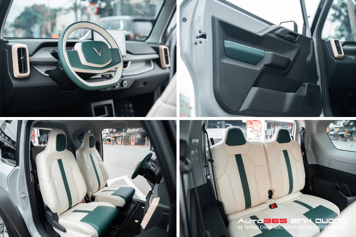 Tổng Hợp 99+ Mẫu Thiết Kế Bọc Da Nội Thất Vf3 Đẹp Hot 2025 - Auto365 Bình Dương Thiết kế mẫu ghế da đồng bộ màu với vô lăng, tapi cửa màu xanh trắng thanh lịch