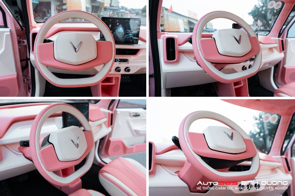 Độ Vf3 Full Hồng Hạc Cho Chị Khách Sành Điệu Ở Bình Dương - Auto365 Bình Dương Thiết kế bọc da vô lăng VF3 màu hồng - trắng ngà vừa êm ái vừa thanh lịch