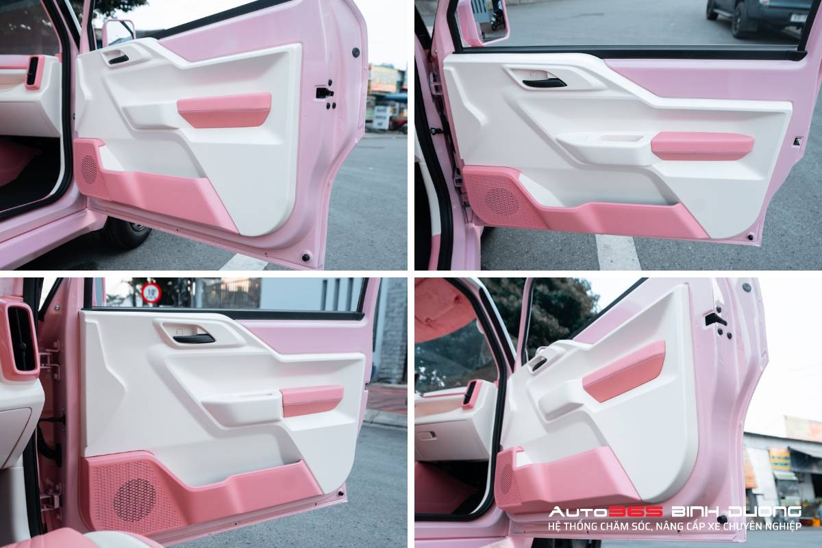 Độ Vf3 Full Hồng Hạc Cho Chị Khách Sành Điệu Ở Bình Dương - Auto365 Bình Dương Bọc da tapi cửa ô tô VF3 màu hồng hạc