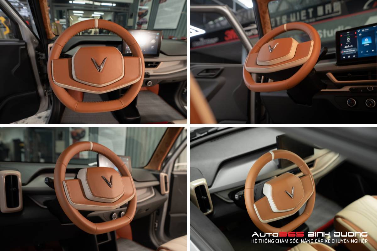 Anh Khách Độ Đổi Màu Nội Thất Vf3 Nâu Kem Tặng &Quot;Chị Nhà&Quot; - Auto365 Bình Dương Bọc vô lăng ô tô VF3 với chất liệu da Nappa cao cấp tone nâu - kem