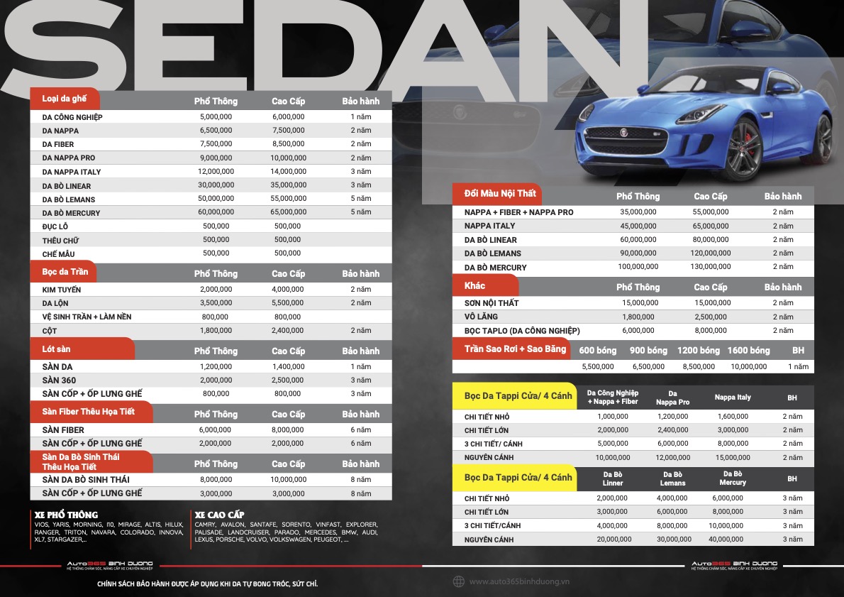 Báo Giá Chi Tiết Bọc Ghế Da Ô Tô Bình Dương Tại Auto365 Bình Dương - Auto365 Bình Dương bảng giá bọc ghế da dành cho xe sedan tại auto365 bình dương