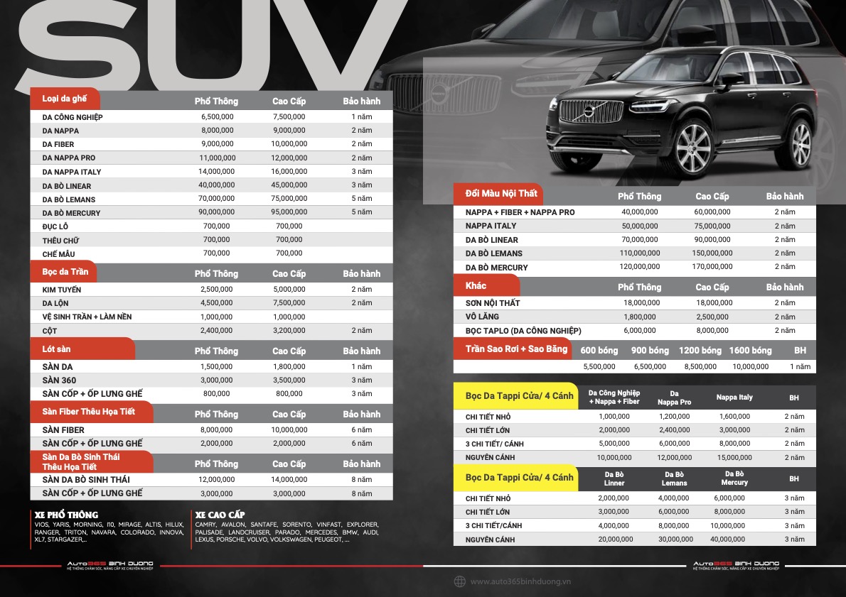 Báo Giá Chi Tiết Bọc Ghế Da Ô Tô Bình Dương Tại Auto365 Bình Dương - Auto365 Bình Dương bảng giá bọc ghế da dành cho xe suv tại auto365 bình dương