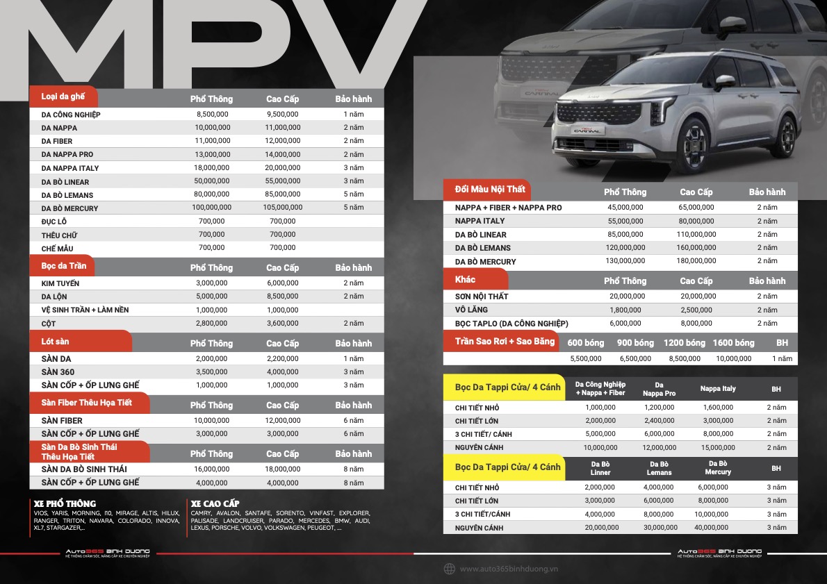 Báo Giá Chi Tiết Bọc Ghế Da Ô Tô Bình Dương Tại Auto365 Bình Dương - Auto365 Bình Dương bảng giá bọc ghế da dành cho xe mpv tại auto365 bình dương