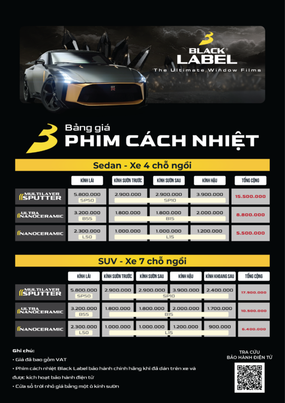 Phim Cách Nhiệt Black Label Films Sputter Phản Xạ Nhiệt - Auto365 Bình Dương Bảng giá thi công Black Label Films Sputter Phản xạ nhiệt